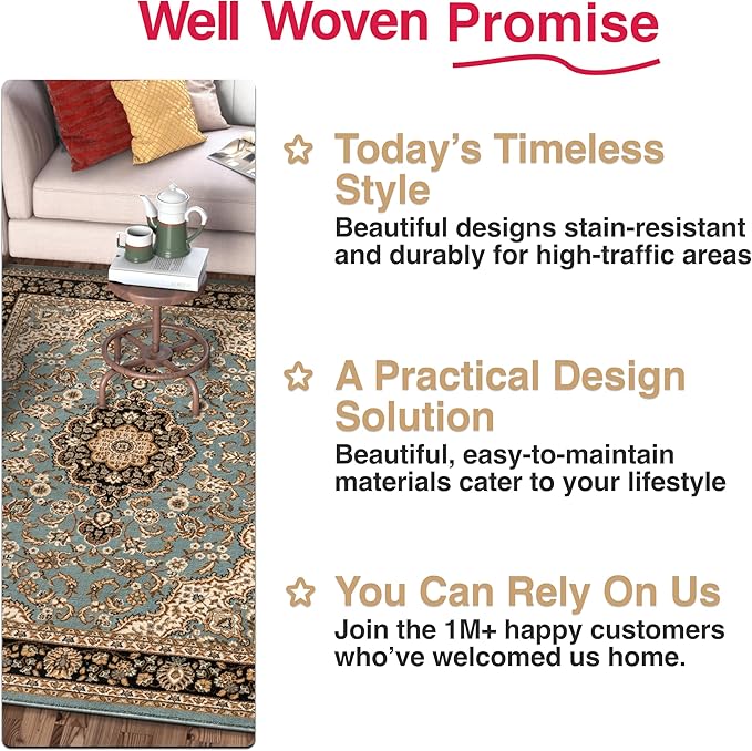 Well Woven Barclay Collection Medallion Kashan Light Blue 3x10 Runner Rug - for Hallways, Kitchens, and Entryways