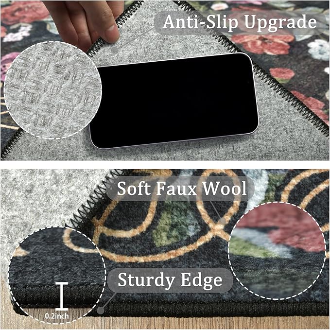 2'6''x8' Machine Washable Runner Rug, Kitchen Hallway Area Rug Black Vintage Boho Floral Ultra Non-Slip Low Pile Soft Faux Wool Carpet, Kids and Pets Friendly for Bedroom Entryway Nursery Decor Rug