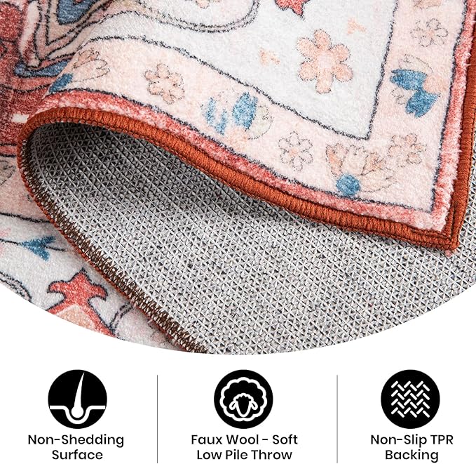 Area Rug for Living Room, 9x12 Washable Non Slip Large Faux Wool Throw Rug, 0.3″ Low Pile & Non-Shedding Boho Large Carpet Rugs for for Dining Room, Bedroom, Office (Red)