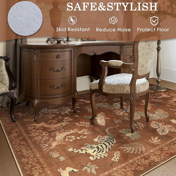 Moynesa Orange 8x10 Living Room Rugs, Vintage Peacock Floral Washable Area Rugs for Bedroom Dining Room Office Study, Low Pile Soft Non-Slip Easy Care Carpets for Fall Winter Home Decor