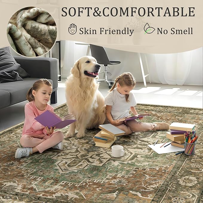 8x10 Machine Washable Area Rug for Living Room, Brown Green Boho Vintage Floral Rug Large Non-Slip Low Pile Soft Faux Wool Carpet, Kids and Pets Friendly for Bedroom Dining Room Farmhouse Decor Rug