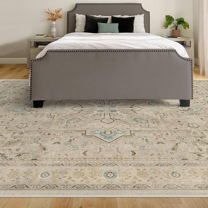 RUGGABLE Washable Vintage Area Rug – Kamran Ivory Opal 10x14, Stain-Resistant, Non-Slip – Large Machine Washable Rugs for Living Room, Bedroom, Hallway, Entryway & Office–with Standard Pad
