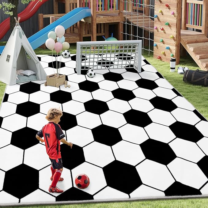 Soft Soccer Rug, Gifts for Boys Girls, Cute Bedside Shag Area Rug for Kids Toddlers Teens, Non Slip Room Decor Indoor Carpet for Bedroom Living Room, Nursery, Machine Washable 6x9 FT