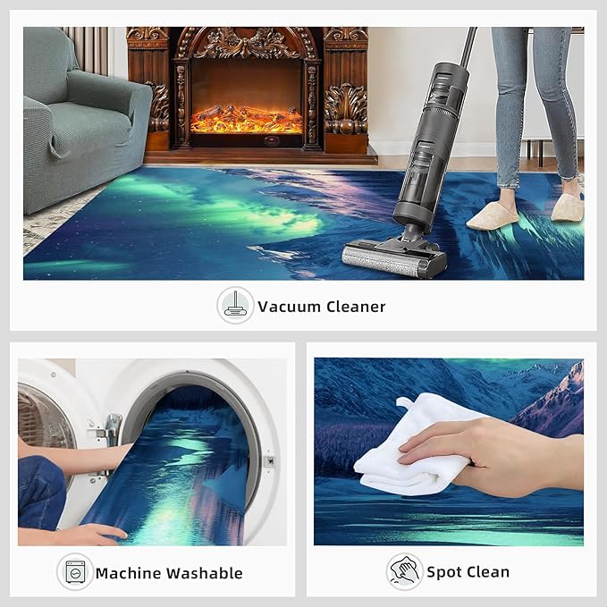3x6 Snowy Mountains Bedroom Rug Under Bed - Aurora Borealis Kids Room Rugs, Polar Landscape Bedroom Runner Rug Soft Washable for Living Room Kitchen