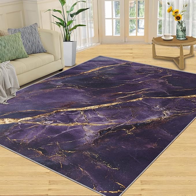 3x6 Abstract Marble Bedroom Rug Under Bed - Purple-Marble Kids Room Rugs, Luxury Stone Pattern Bedroom Runner Rug Soft Washable for Living Room Kitchen
