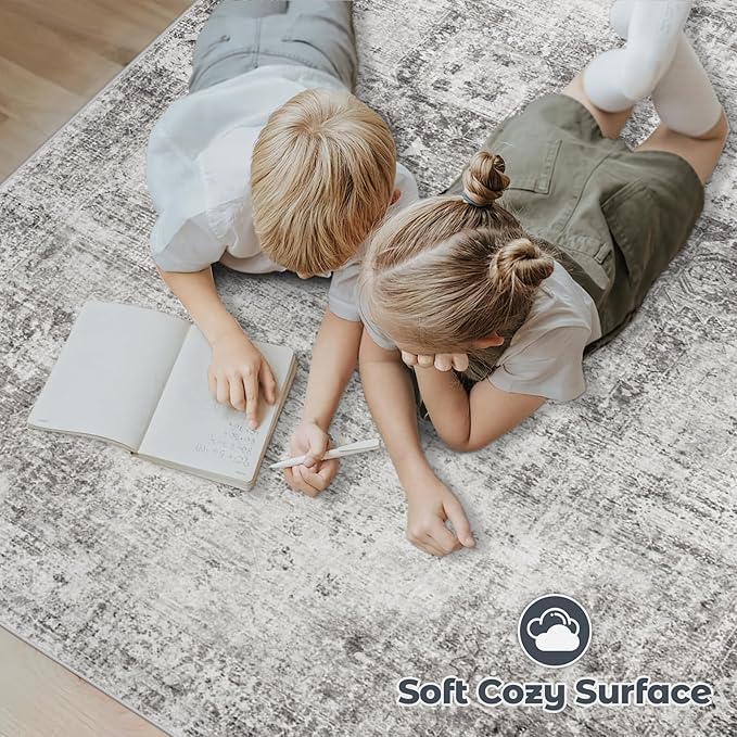 Area Rug 6x9 Washable Rug, Vintage Boho Medallion Rugs Non-Slip Soft Low Pile Large Distressed Rug Indoor Retro Carpet for Living Room Bedroom Dining Room Home Office (Grey, 6'x9')