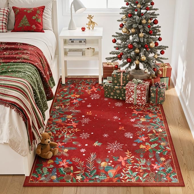 Wonnitar Christmas 5x7 Area Rugs, Red Floral Rugs for Living Room, Non-Slip Soft Bedroom Rug, Washable Low Pile Snowflake Holiday Decor Rugs Carpet for Dining Room Bedside(Christmas Red,5'x7')