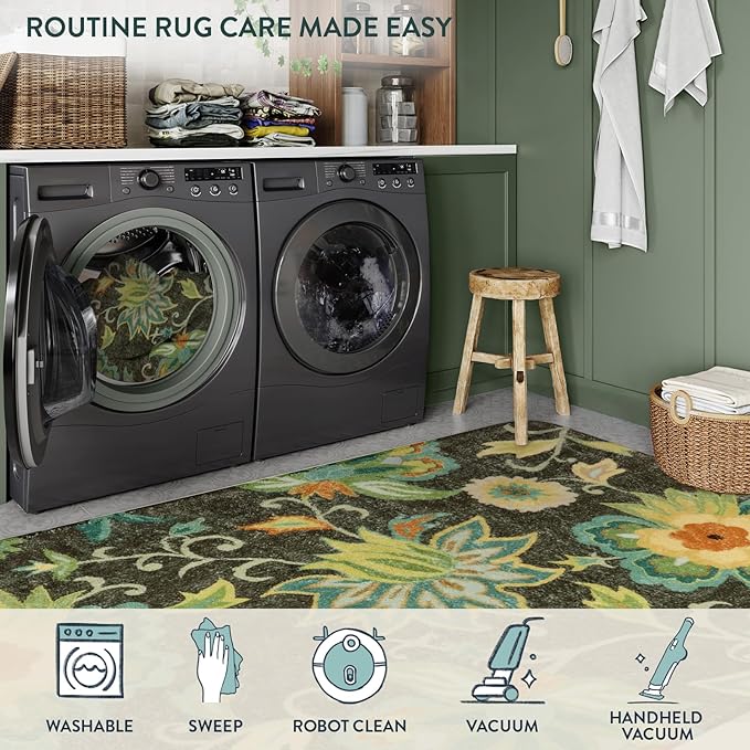 Lahome Floral Hallway Carpet - 2x5 Washable Non-Slip Low-Pile Kitchen Laundry Room Rug, Soft Paisley Print Modern Indoor Rug for Living Room Bathroom Entrance