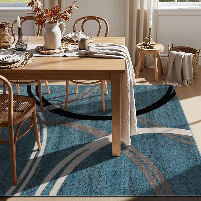 Rugshop Modern Wavy Circles Design Area Rug, Non-Shedding Carpet for Living Room, Bedroom, or Dining Room, Blue, 7'10" x 10'2"