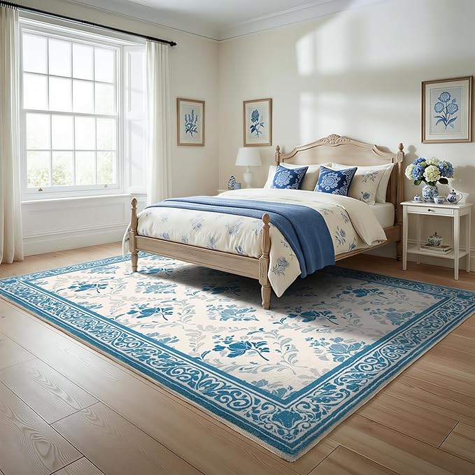 SOULFUL Medium Pile 8x10 Rugs for Living Room - Soft Underfoot Large Area Rug - Blue Boho Floral - Washable Non-Slip - Perfect for Bedroom Kids Room Under Dining Table Office