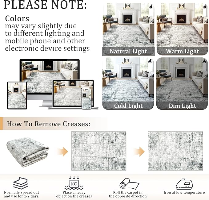 3x5 Machine Washable Area Rug for Entryway, Grey Modern Vintage Abstract Rug Non-Slip Low Pile Soft Faux Wool Small Carpet, Kids and Pets Friendly for Bedroom Kitchen Hallway Home Decor Rug