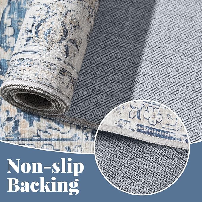 jinchan Fiora Hallway Runner Rug 3x8 Machine Washable Runner Rug Dark Blue Vintage Floral Design Non-Slip Low Pile Ultra-Thin for Kitchen Laundry Room Bedroom Farmhouse (3‘x8', Dark Blue)
