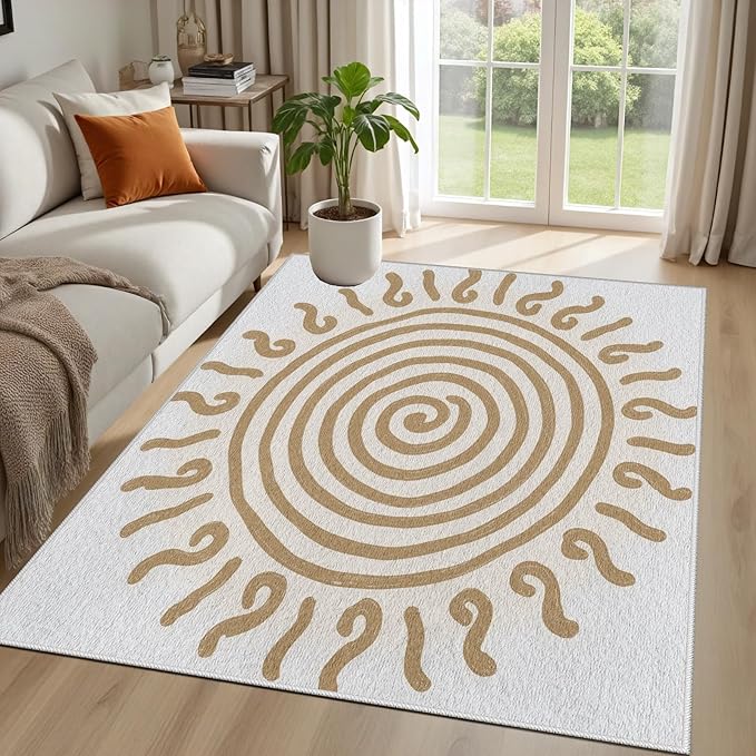 Boho Washable Rugs for Bedroom 7x9, Modern Sun Print Soft Minimalism Area Rug, Non Slip Low Pile Abstract Carpet for Classroom Living Room Decor Dining Room, Beige Yellow
