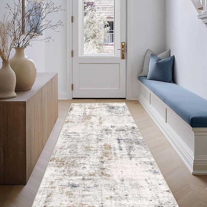 FMFUNCTEX 2x6 Runner Rug Washable Brown and Blue Neutral Modern Abstract Entryway Non Slip Low Pile Soft Accent Hallway Indoor Carpet for Kitchen Living Room Bedroom Bathroom Laundry Entrance Bedside