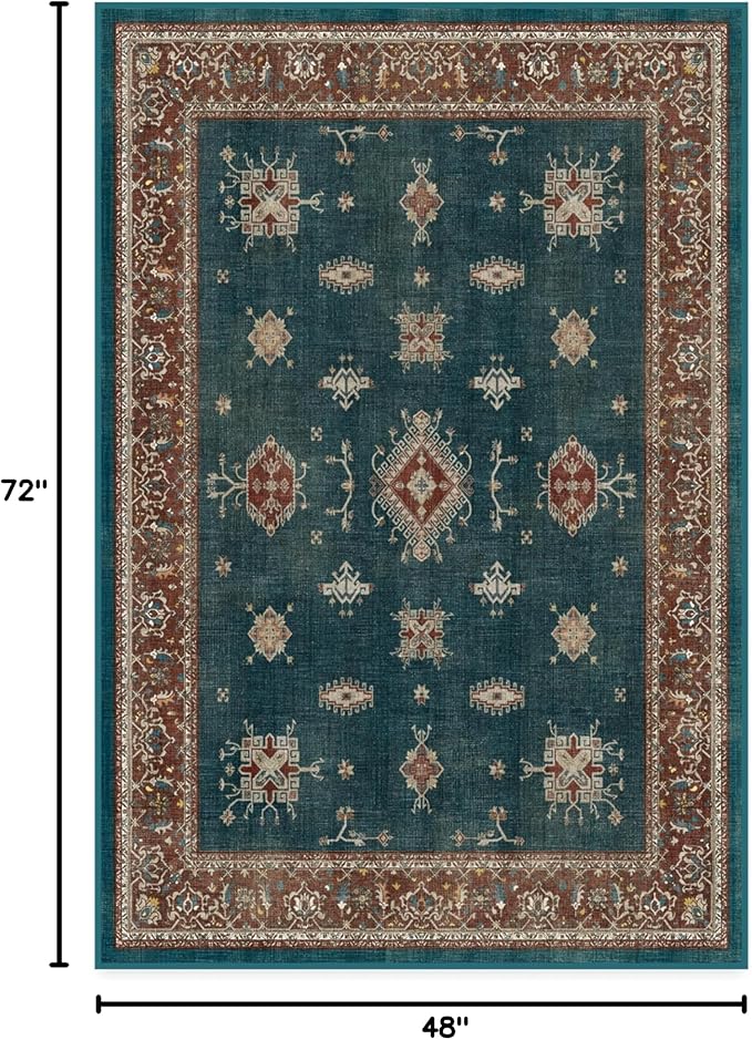 RUGGABLE Washable Vintage Area Rug – Verena Teal Blue 4x6, Stain-Resistant, Non-Slip – Medium Machine Washable Rugs for Living Room, Bedroom, Hallway, Entryway & Office–with Cushioned Pad