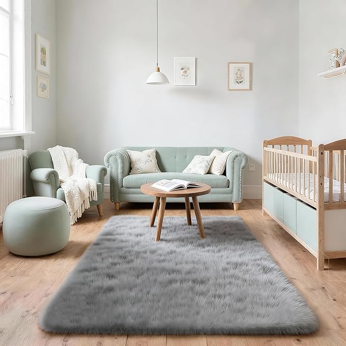 3x5 Solid Fluffy Grey Area Rug – Washable, Durable, Living Room Rug, Non-Slip High Pile Shag Rugs for Bedroom, Living Room, Bedside, Dorms, Nursery Rooms, Kids Room, Soft Indoor Floor Carpet