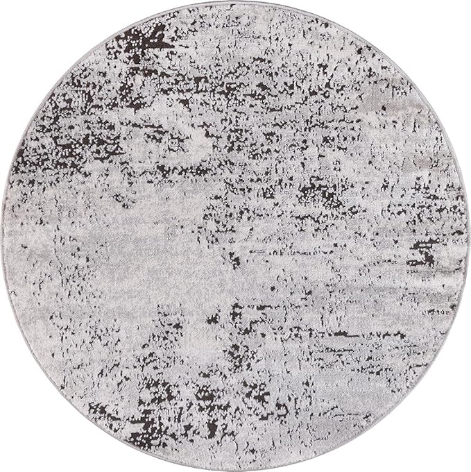Rugs.com Leipzig Collection Round Rug – 3 Ft Round Grey Low-Pile Rug Perfect for Kitchens, Dining Rooms