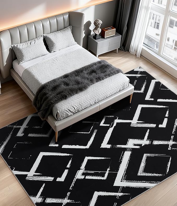 YIHOUSE Black Modern Geometric Area Rug 6x9, Black and White Rug with Abstract Diamond Patterns,Non-Shedding Washable Rugs for Bedroom, Home Office and Living Room