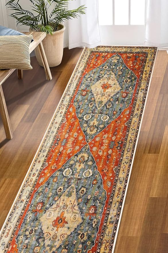 COMSLE Boho Runner Rug, 2' x 8' Washable Rugs for Hallway Faux Wool Small Kitchen Area Rug Distressed Throw Rug Non-Slip Laundry Room Rug Carpet Runner for Entryway Indoor Bedroom