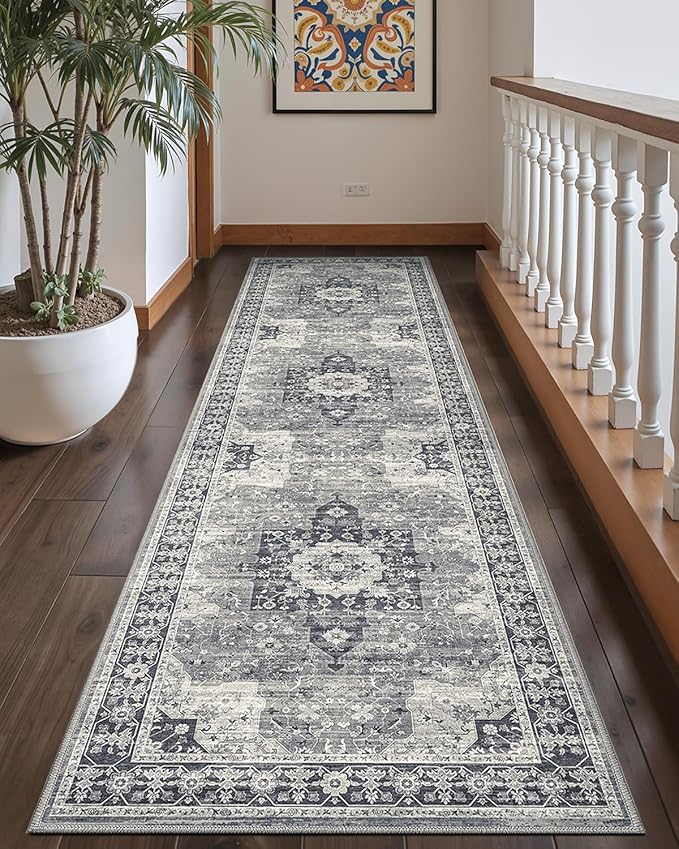 DEXI Hallway Runner Rug 3x10, Distressed Non Slip Runners Carpet, Boho Vintage Soft Thin Indoor Rug, Stain Resistant Washable Entry Mat for Entryway Kitchen Laundry Room Living Room, Blue Grey