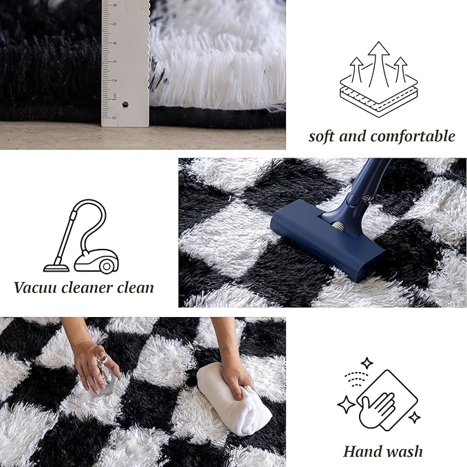 5x7 Area Rugs for Living Room Bedroom, Soft Fluffy Shaggy Bedside Rug, Indoor Floor Carpet for Kids Playroom, Dorms, Nursery Rooms, Home Decor (Black & White 5'x7')