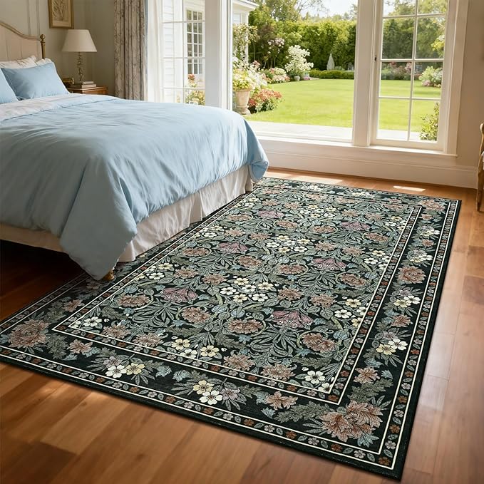 6x9 Black and Green Floral Area Rug for Living Room, Washable Non Slip Rugs for Bedroom Non Slip, Low Pile Large Indoor Accent Carpet for Office, Dining Room, Farmhouse
