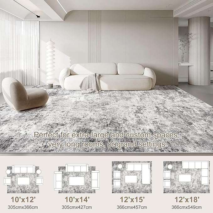 10x14 Area Rug Living Room Rugs - Washable Neutral Modern Abstract Soft Thin Large Rug Indoor Floor No Slip Rug Carpet for Bedroom Under Dining Table Home Office Decor - Grey