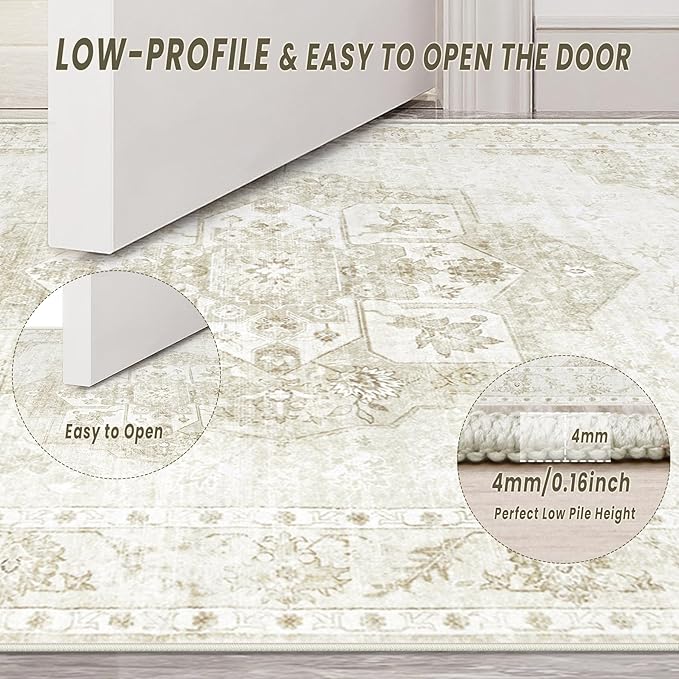 8x10 Area Rugs Washable Rugs for Living Room, Large Vintage Boho Rug Non-Slip Soft Floral Distressed Rug Low Pile Stain Resistant Carpet for Bedroom Nursery Office Dining Room Farmhouse(Beige, 8'x10')