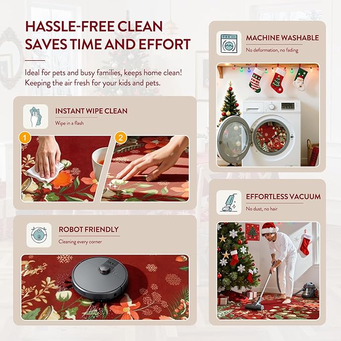 Lahome Floral Christmas Rug, 2x4 Washable Christmas Kitchen Rugs Indoor Ultra-Thin, Soft Christmas Rugs for Entryway Red Door Mat Holiday Rugs for Bathroom Bedroom, Red