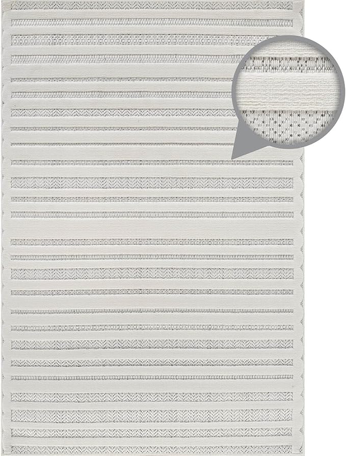 CAMILSON Modern Rug 5x7 Luxury Striped Line Micro Loop Area Rugs Soft High-Low Pile Stain Resistant Easy to Clean Non-Shedding Durable Living Room Bedroom Indoor Carpet (White)