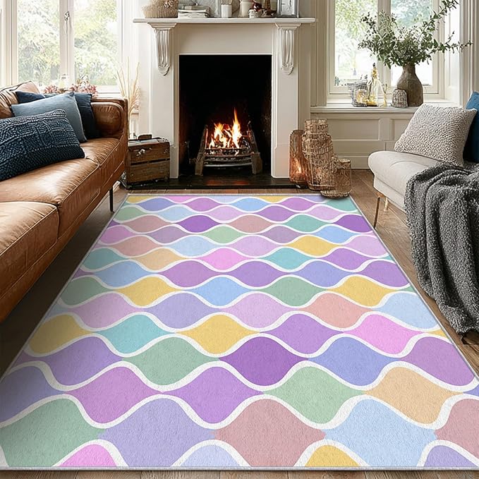 Washable 6x9 Abstract Wave Rug Living Room, Modern Geometric Colorful Design Area Rugs for Bedroom, Abstract Wave Home Decor Carpet, Low Pile, Non Slip, Kids & Pet Friendly (N4172)