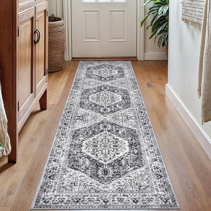 KOZYFLY Runners for Hallways 2x7 Ft Washable Kitchen Runner Rug Boho Runner Rug for Entryway Indoor Printed Faux Wool Floor Carpet Runner for Bedroom Kitchen Hall, Grey