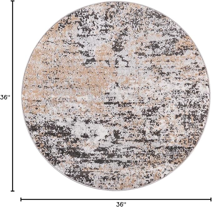 Rugs.com Leipzig Collection Round Rug – 3 Ft Round Beige Low-Pile Rug Perfect for Kitchens, Dining Rooms