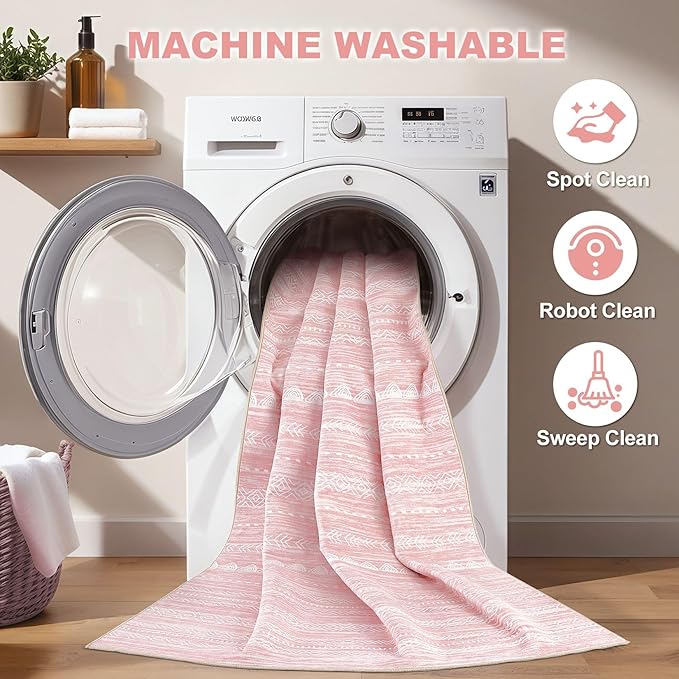 Nakagishi Round Rug Kitchen Washable Rugs: 6x6 Non-Slip Boho Soft Modern Stain Resistant Indoor Floor Neutral Farmhouse Throw Carpet for Hallway Bathroom Laundry Room Entryway Bedroom- Pink