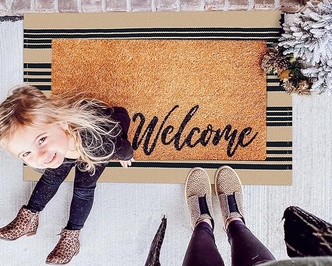 KOZYFLY Striped Front Door Mat 2x3 Ft Brown and Black Cotton Washable Indoor Outdoor Rug Doormats Small Area Rugs for Kitchen Entryway Porch