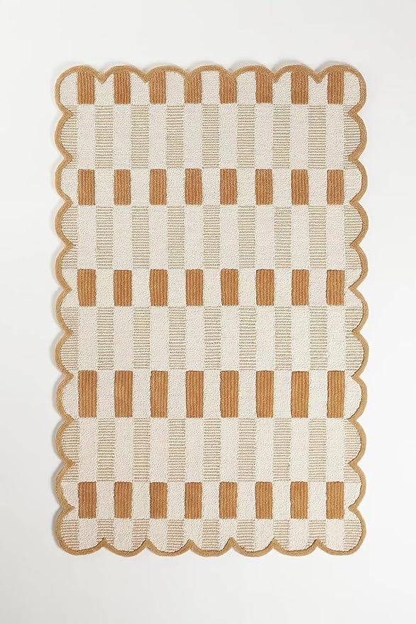 Hand-Tufted Wool Rug with Scalloped Edges, Light Blue Plaid Pattern, Cozy Soft Area Rug for Living Room, Bedroom, and Nursery, Handmade Modern Accent Rug (Neutral, 4X7 FEET)