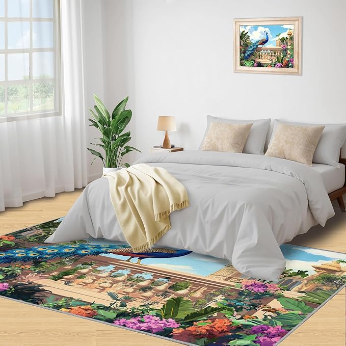 Peacock Rugs for Living Room - 4x6 Rug, Tropical Palm Leaves Area Rugs for Bedroom, Peacock Decor Rug, Floral Animal Washable Carpet, Peafowl Carpet - Peafowl Home Decor & Gifts