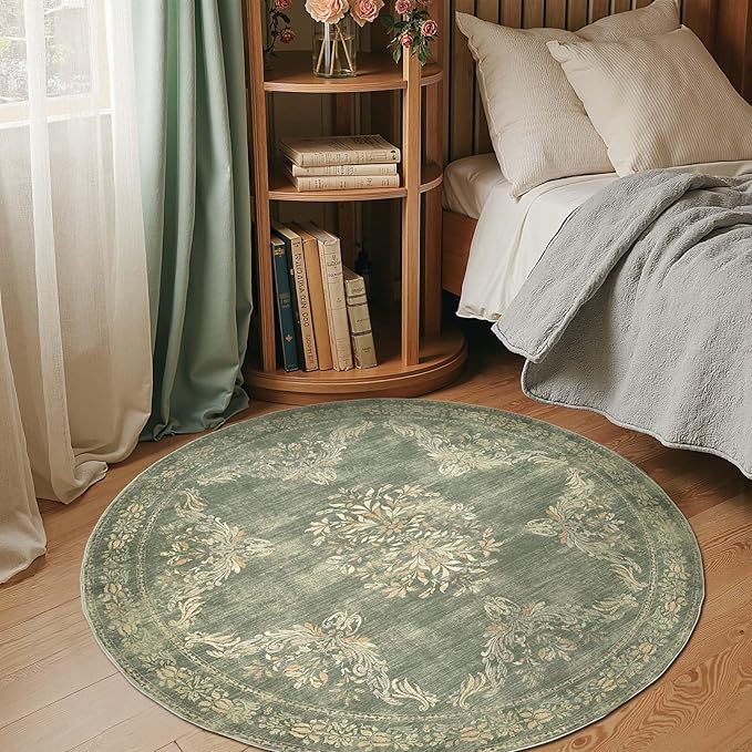 jinchan Round Rug 5ft Area Rugs Vintage Floral Distressed Design,Machine Washable Soft Non-Slip Low-Pile Ultra-Thin Circle Rug for Entryway Living Room Dining Room Bedroom (5' Round,Dark Green)