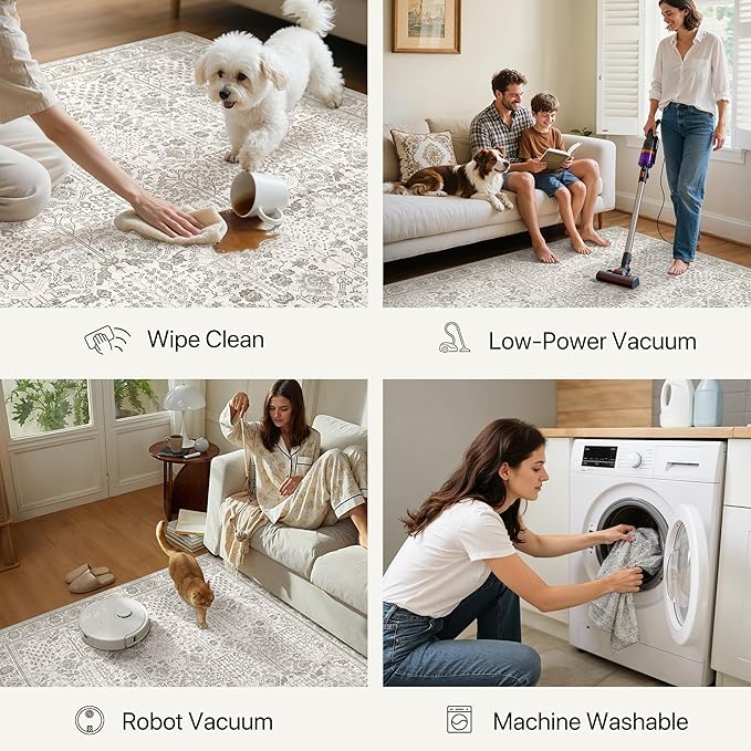 Bavni Washable Rugs 8x10-Machine Washable Rug Lightweight Low Pile, Vintage Floral Rug Non-Shedding Distressed Throw Carpet for Living Room Bedroom Office, Light Gery