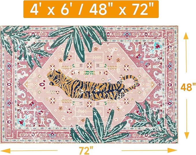 Pink Rug 4x6 Oriental Washable Non-Slip Tiger Rug Ultra Soft Vintage Print Tropical Carpet for Living Dining Playroom Nursery Camper