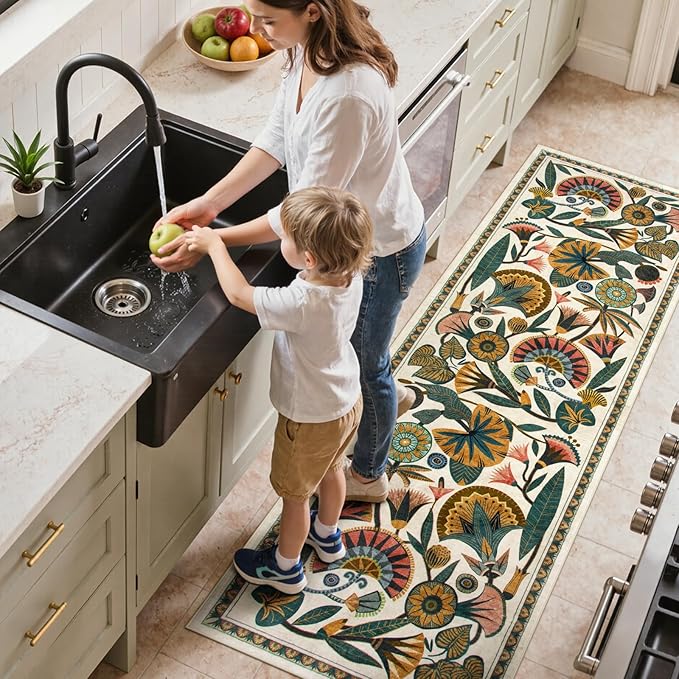 Washable Kitchen Runner Rug, Floral 2x6 Rug Runners for Hallways, Washbale Non Slip Beige Rugs, Soft Low Pile Carpet for Bedroom Entryway Laundry Room