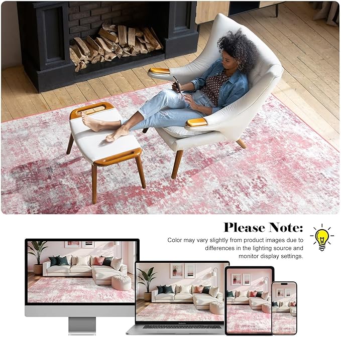 Washable Abstract Rug, 4x6 Modern Area Rugs with Non-Slip Rubber Backed for Living Room, Thin but Soft Contemporary Carpet Kitchen Bedroom Decor, Pink