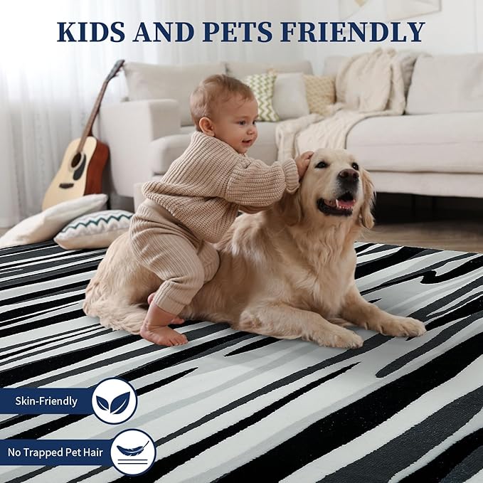 YIHOUSE 8×10 Ft Area Rugs for Living Room: Modern Abstract Black Grey and White Rug - Nonslip Washable Striped Rug for Bedroom Dining Room Office Playroom Nursery Home Decor