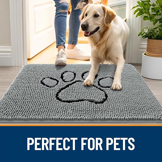OLANLY Dog Door Mat for Muddy Paws 59x24, Paw Print Design, Absorbs Moisture and Dirt, Absorbent Non-Slip Washable Doormat, Quick Dry Chenille Mud Mat for Dogs, Entry Indoor Entryway Carpet, Grey