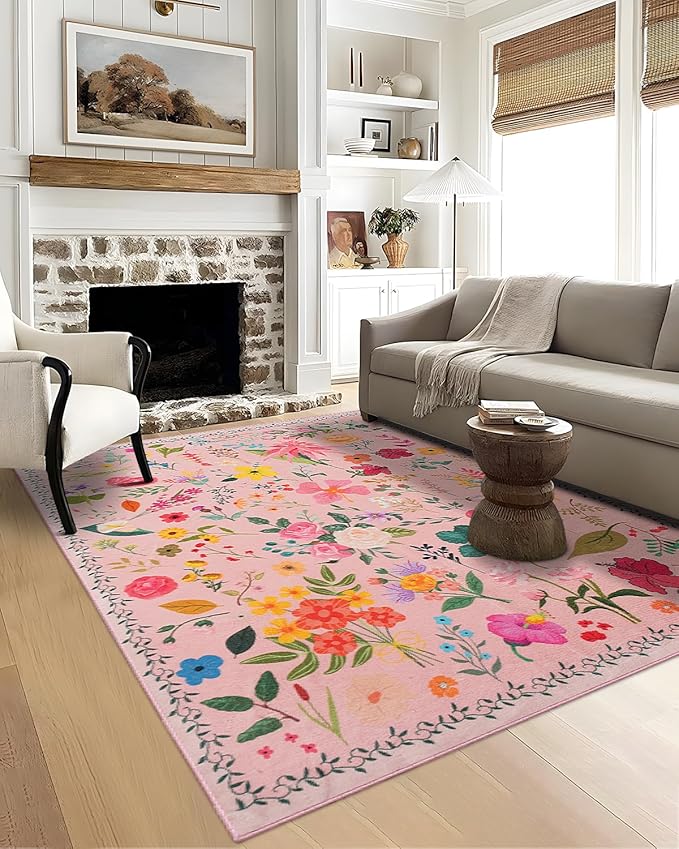 Boho Washable Area Rug 5x7 – Floral Low Pile Non-Slip Carpet for Living Room, Bedroom, Office, Playroom, Entryway, Kitchen, Dining Room (Pink)