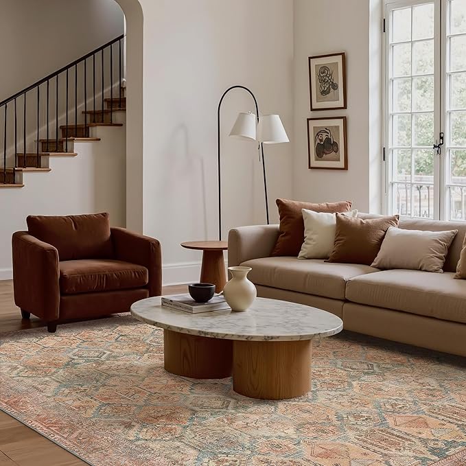 Bavni Washable Rug 8x10 Area Rug for Living Room Bedroom Dining, Washable Vintage Print Carpet, Ultra-Thin Chenille Low Pile Lightweight Rug with Non Slip Backing, Clay