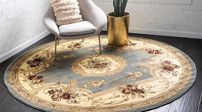 Rugs.com Chateau Collection Rug – 13' Round Light Blue Medium Rug Perfect for Kitchens, Dining Rooms