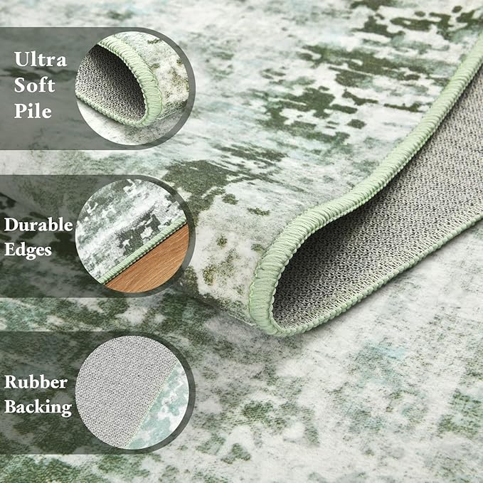 Washable Abstract Runner Rug, 2x6 Modern Area Rugs with Non-Slip Rubber Backed for Kitchen, Thin but Soft Contemporary Carpet Bedroom Entryway Hallway Decor, Green