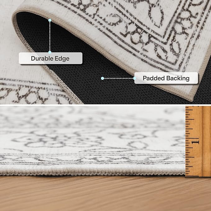 ReaLife Rugs Machine Washable Area Rug Runner - Living Room Bedroom Bathroom Kitchen Entryway Office - Padded Low Pile Stain Resistant Premium - Boho Farmhouse Vintage - Paige - Ivory 3' x 5'