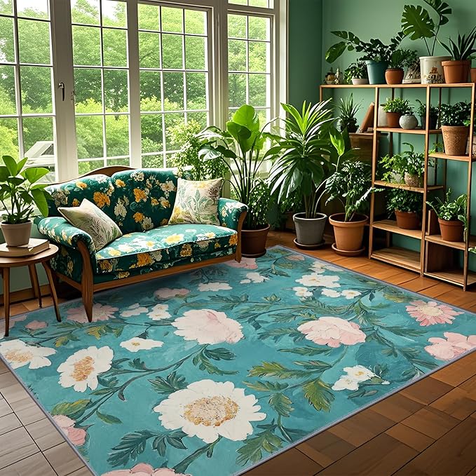 5x7 Floral Rugs, Modern Washable Flower Pattern Area Rug for Bedroom, Soft Large Non-Slip Door Mat Carpet for Living Room Office Dining Room - Teal Flower
